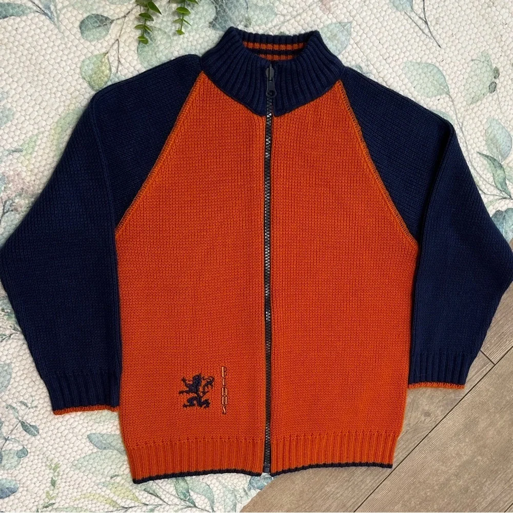 Vintage Boys Orange Navy Blue Knit Sweater Jacket Coat Size Small Netherlands